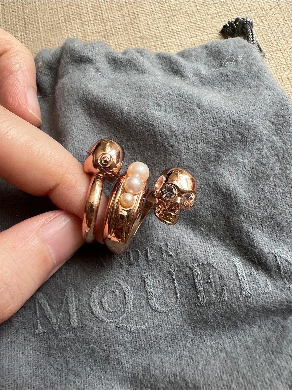 Alexander McQueen Rose Gold Tone Skull and Pearl Wrap Ring
